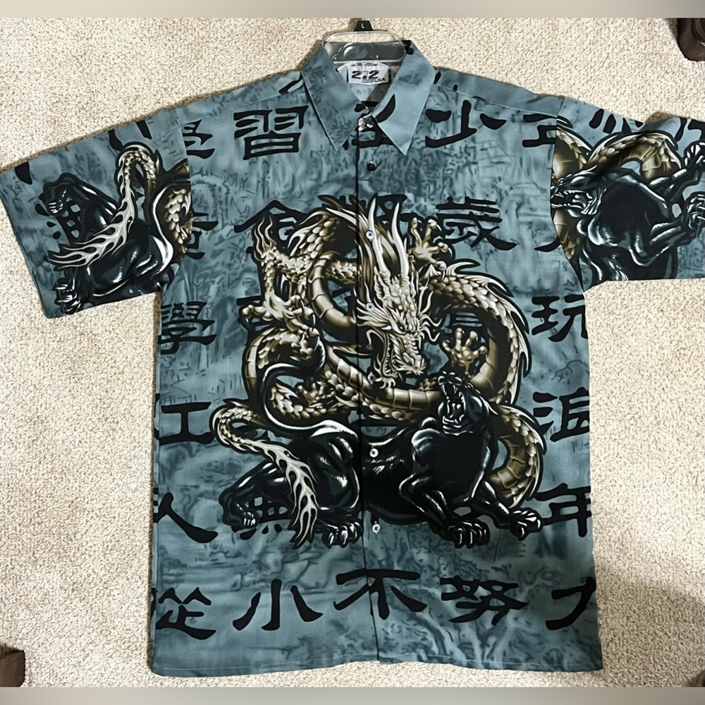 212 NYC Shirt Men's Vintage 90s Y2K Polyester Graphic Print Dragon-Medium